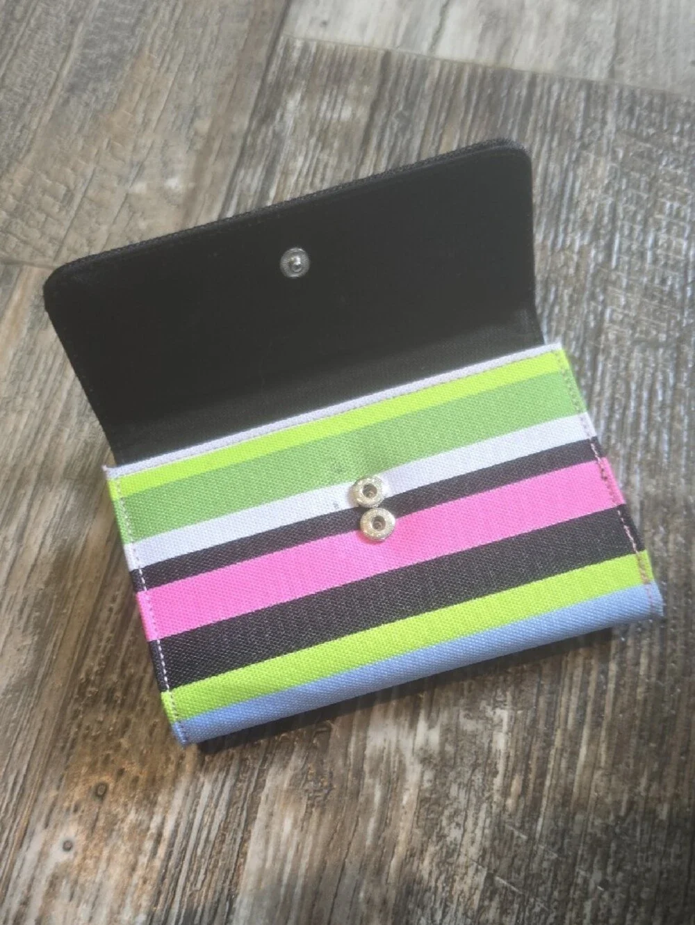 kate spade striped trifold wallet in lime green, hot pink, black, white, blue